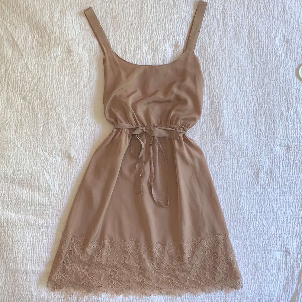 Pink/Tan Dress with Cinched Waist and Lacy Bottom